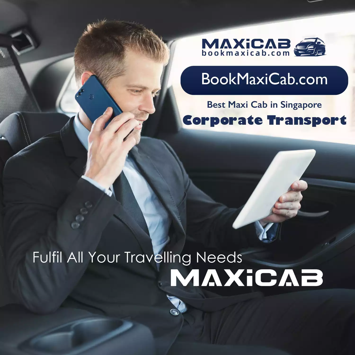 bookmaxicabdotcom website front picture showing an executive looking at this electronic tablet while travelling in a maxicab